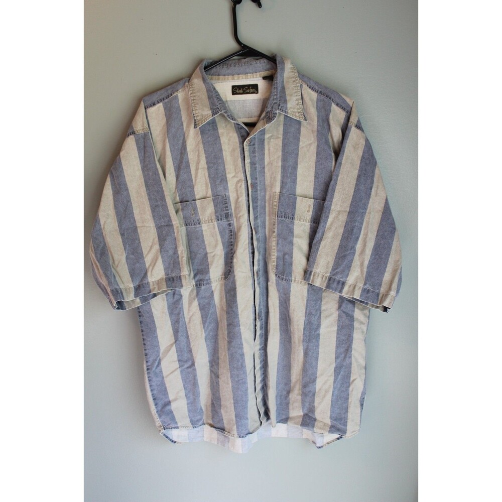 Vintage Shah Safari 90s Shirt Blue Gray Vertical Stripes Mens Large READ NOTE